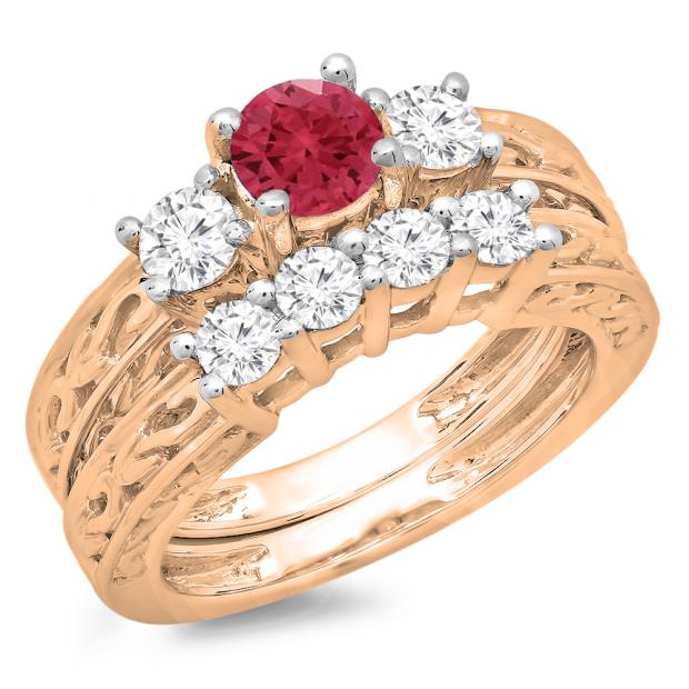 1.50 Carat (ctw) 10K Rose Gold Round Cut Red Ruby & White Diamond Ladies Vintage 3 Stone Bridal Engagement Ring With Matching 4 Stone Wedding Band Set 1 1/2 CT