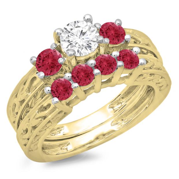 1.50 Carat (ctw) 10K Yellow Gold Round Cut Red Ruby & White Diamond Ladies Vintage 3 Stone Bridal Engagement Ring With Matching 4 Stone Wedding Band Set 1 1/2 CT