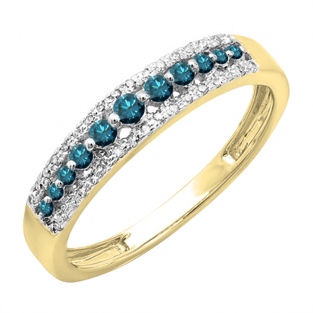 0.25 Carat (ctw) 10k Yellow Gold Round Blue & White Diamond Ladies Anniversary Wedding Band Ring 1/4 CT