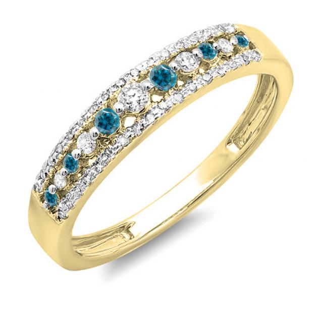 0.25 Carat (ctw) 18k Yellow Gold Round Blue & White Diamond Ladies Anniversary Wedding Band Ring 1/4 CT
