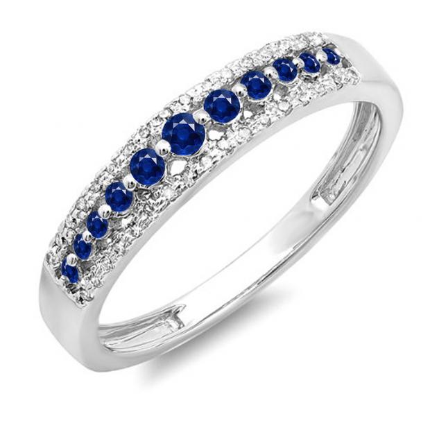 0.25 Carat (ctw) 10k White Gold Round Blue Sapphire & White Diamond Ladies Anniversary Wedding Band Ring 1/4 CT