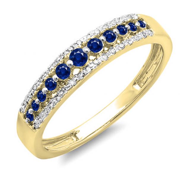 0.25 Carat (ctw) 10k Yellow Gold Round Blue Sapphire & White Diamond Ladies Anniversary Wedding Band Ring 1/4 CT
