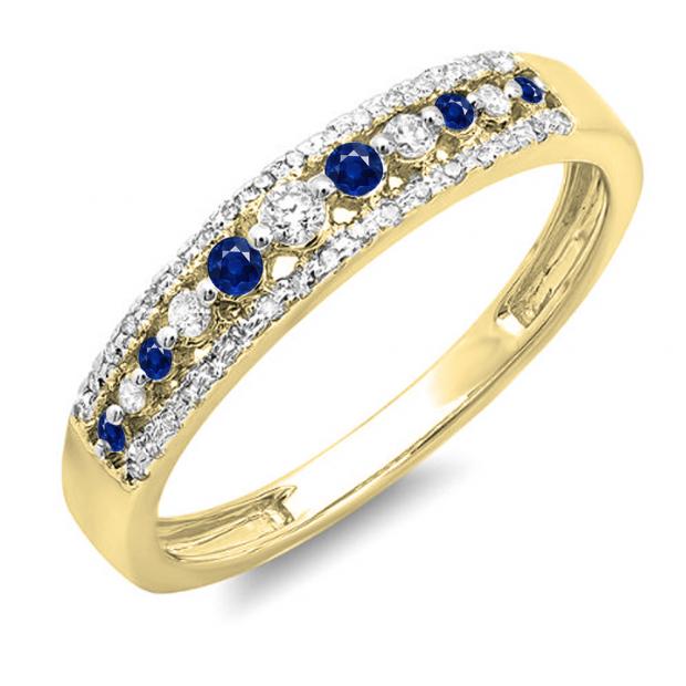 0.25 Carat (ctw) 14k Yellow Gold Round Blue Sapphire & White Diamond Ladies Anniversary Wedding Band Ring 1/4 CT
