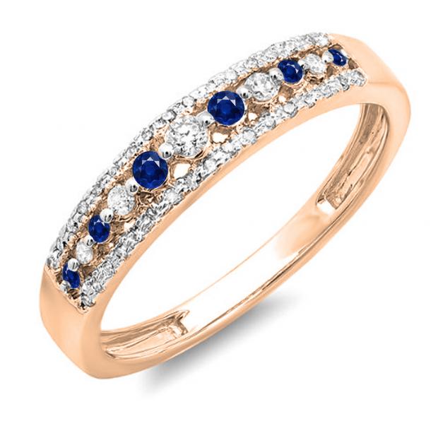 0.25 Carat (ctw) 18k Rose Gold Round Blue Sapphire & White Diamond Ladies Anniversary Wedding Band Ring 1/4 CT