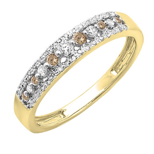 0.25 Carat (ctw) 10k Yellow Gold Round Champagne & White Diamond Ladies Anniversary Wedding Band Ring 1/4 CT