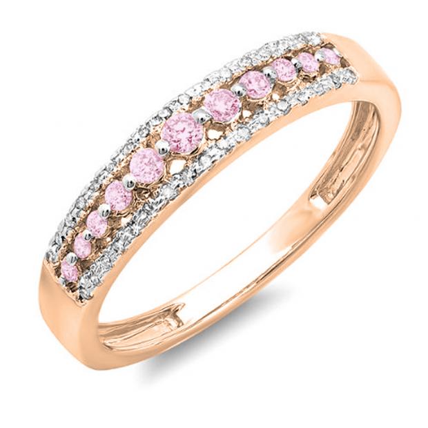 0.25 Carat (ctw) 10k Rose Gold Round Pink Sapphire & White Diamond Ladies Anniversary Wedding Band Ring 1/4 CT