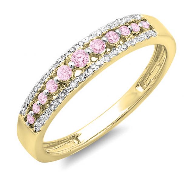 0.25 Carat (ctw) 10k Yellow Gold Round Pink Sapphire & White Diamond Ladies Anniversary Wedding Band Ring 1/4 CT