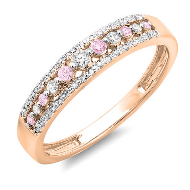 0.25 Carat (ctw) 10k Rose Gold Round Pink Sapphire & White Diamond Ladies Anniversary Wedding Band Ring 1/4 CT