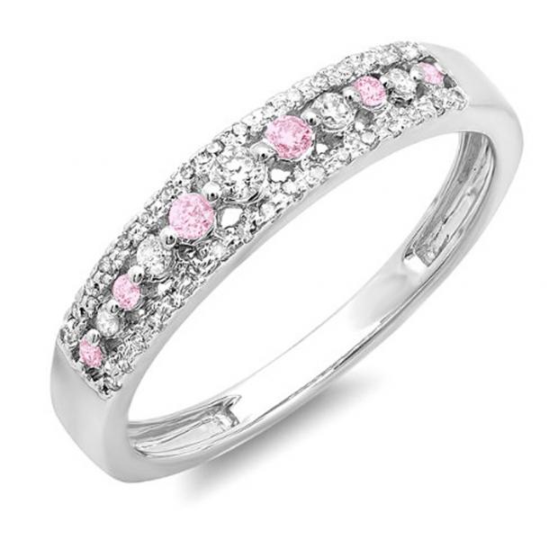 0.25 Carat (ctw) 14k White Gold Round Pink Sapphire & White Diamond Ladies Anniversary Wedding Band Ring 1/4 CT