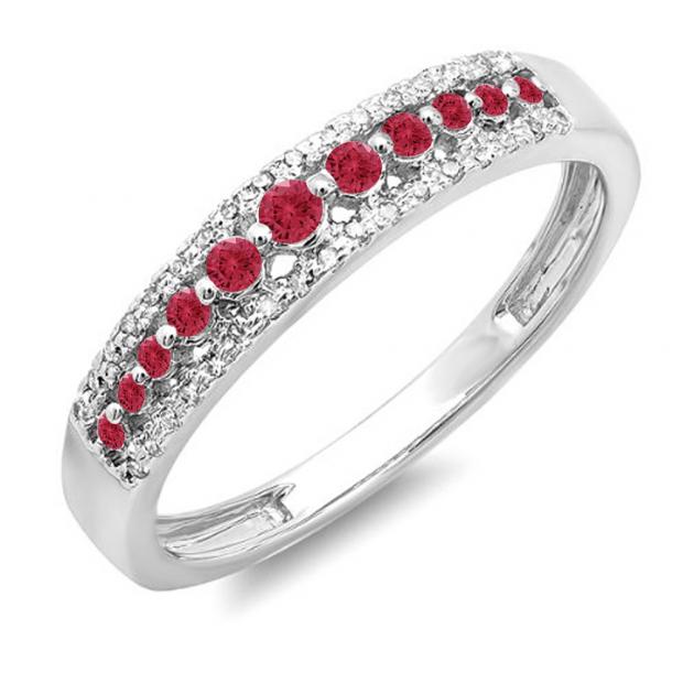 0.25 Carat (ctw) 14k White Gold Round Red Ruby & White Diamond Ladies Anniversary Wedding Band Ring 1/4 CT