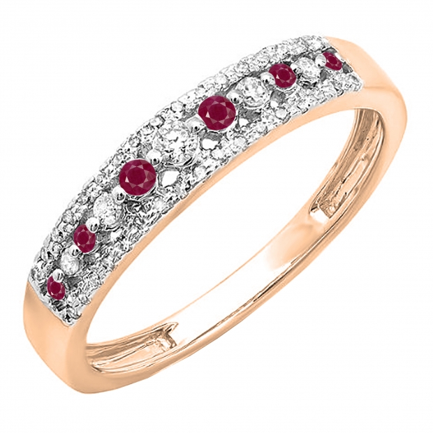 0.25 Carat (ctw) 10k Rose Gold Round Red Ruby & White Diamond Ladies Anniversary Wedding Band Ring 1/4 CT