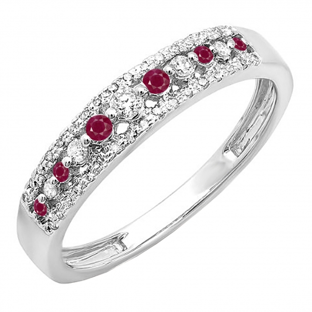 0.25 Carat (ctw) 14k White Gold Round Red Ruby & White Diamond Ladies Anniversary Wedding Band Ring 1/4 CT