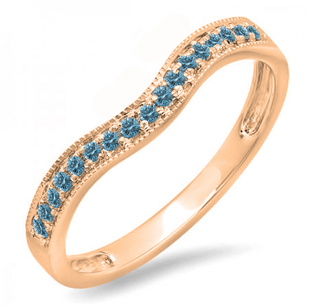 0.15 Carat (ctw) 10K Rose Gold Round Blue Diamond Ladies Anniversary Wedding Band Guard Ring