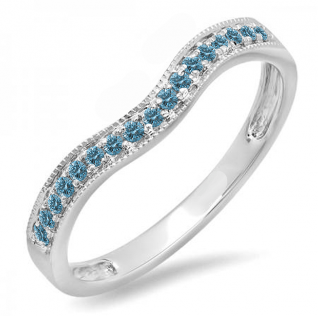 0.15 Carat (ctw) 10K White Gold Round Blue Diamond Ladies Anniversary Wedding Band Guard Ring