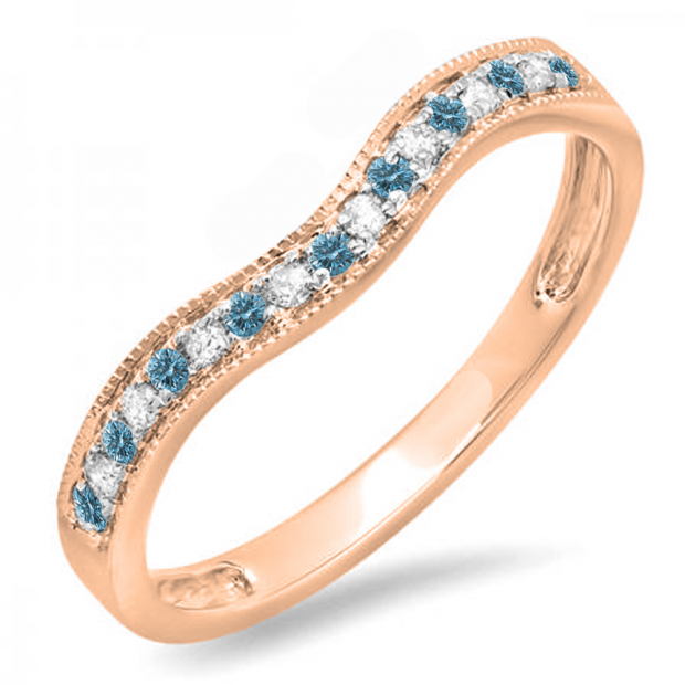 0.15 Carat (ctw) 10K Rose Gold Round Blue & White Diamond Ladies Anniversary Wedding Band Guard Ring