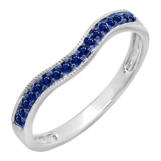 0.15 Carat (ctw) 10K White Gold Round Blue Sapphire Ladies Anniversary Wedding Band Guard Ring
