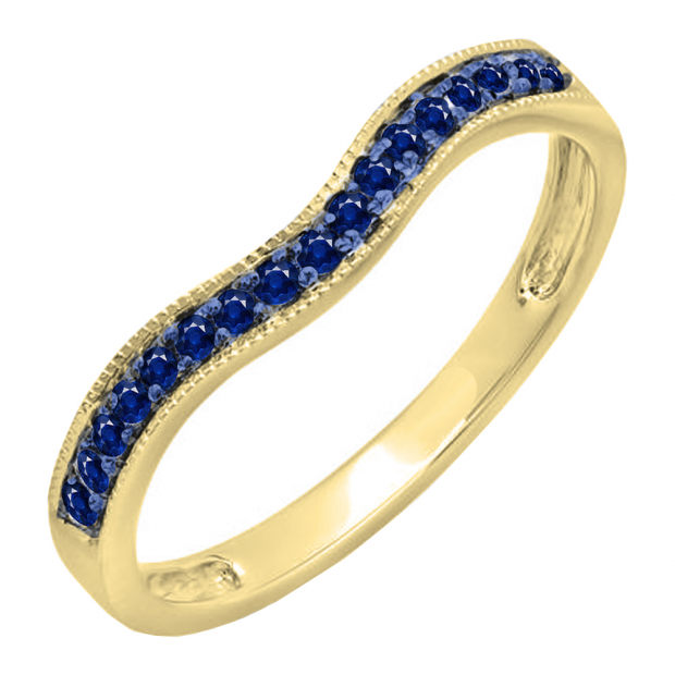 0.15 Carat (ctw) 10K Yellow Gold Round Blue Sapphire Ladies Anniversary Wedding Band Guard Ring