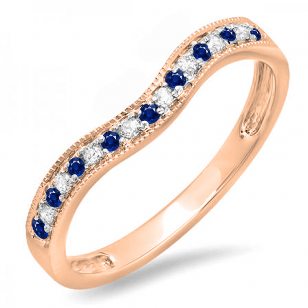 0.15 Carat (ctw) 14K Rose Gold Round Blue Sapphire & White Diamond Ladies Anniversary Wedding Band Guard Ring