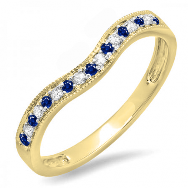 0.15 Carat (ctw) 14K Yellow Gold Round Blue Sapphire & White Diamond Ladies Anniversary Wedding Band Guard Ring
