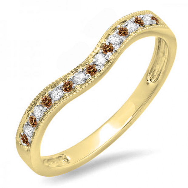 0.15 Carat (ctw) 10K Yellow Gold Round Champagne & White Diamond Ladies Anniversary Wedding Band Guard Ring