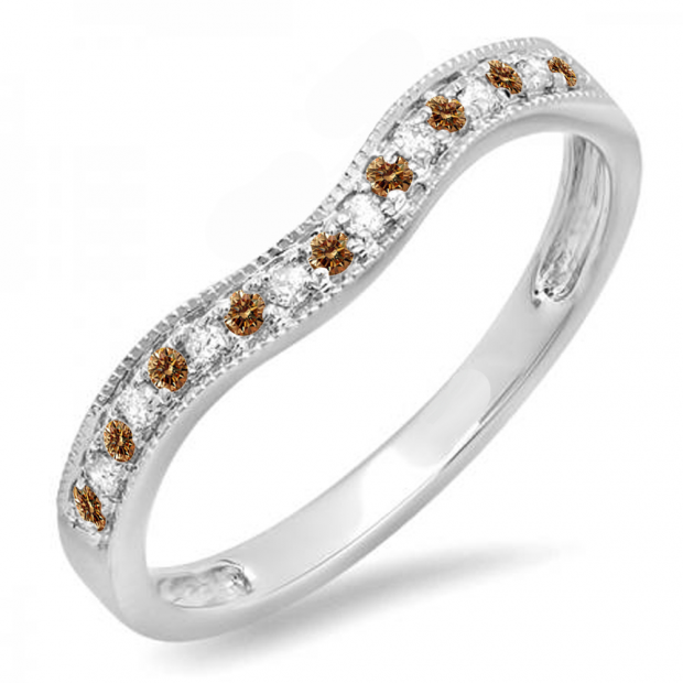 0.15 Carat (ctw) 14K White Gold Round Champagne & White Diamond Ladies Anniversary Wedding Band Guard Ring