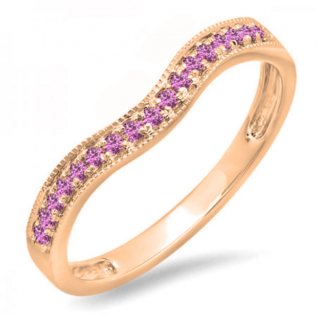 0.15 Carat (ctw) 14K Rose Gold Round Pink Sapphire Ladies Anniversary Wedding Band Guard Ring