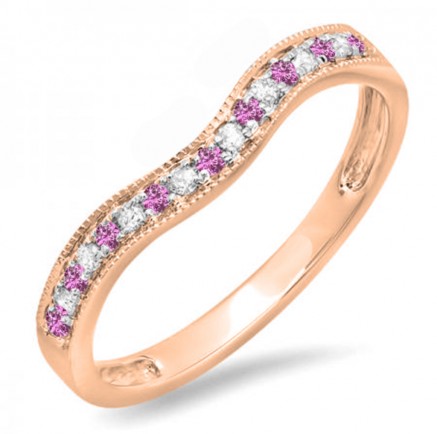 0.15 Carat (ctw) 10K Rose Gold Round Pink Sapphire & White Diamond Ladies Anniversary Wedding Band Guard Ring