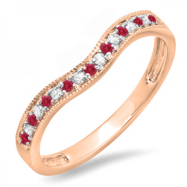 0.15 Carat (ctw) 14K Rose Gold Round Red Ruby & White Diamond Ladies Anniversary Wedding Band Guard Ring