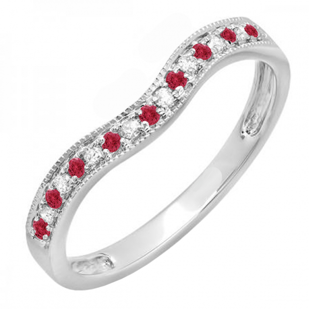 0.15 Carat (ctw) 14K White Gold Round Red Ruby & White Diamond Ladies Anniversary Wedding Band Guard Ring
