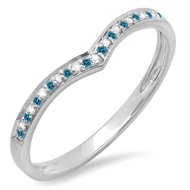 0.10 Carat (ctw) 14k White Gold Round Real Blue & White Diamond Ladies Wedding Stackable Band Anniversary Guard Chevron Ring 1/10 CT