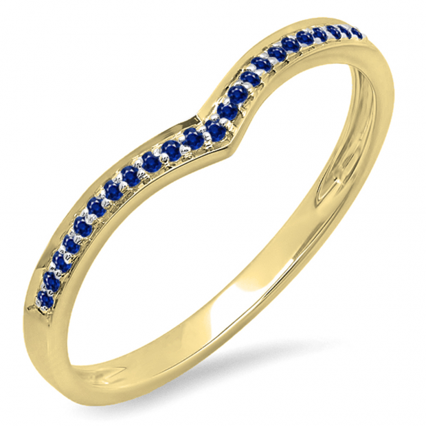 0.10 Carat (ctw) 14k Yellow Gold Round Real Blue Sapphire Ladies Wedding Stackable Band Anniversary Guard Chevron Ring 1/10 CT