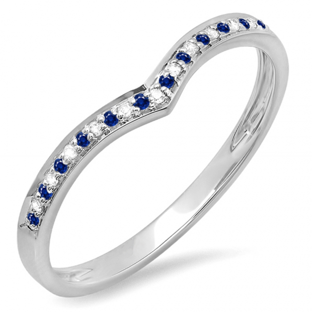 0.10 Carat (ctw) 10k White Gold Round Real Blue Sapphire & White Diamond Ladies Wedding Stackable Band Anniversary Guard Chevron Ring 1/10 CT