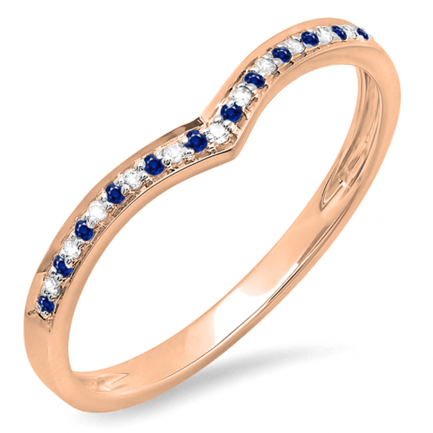 0.10 Carat (ctw) 14k Rose Gold Round Real Blue Sapphire & White Diamond Ladies Wedding Stackable Band Anniversary Guard Chevron Ring 1/10 CT