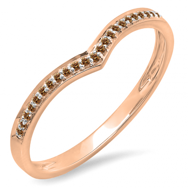 0.10 Carat (ctw) 10k Rose Gold Round Real Champagne Diamond Ladies Wedding Stackable Band Anniversary Guard Chevron Ring 1/10 CT