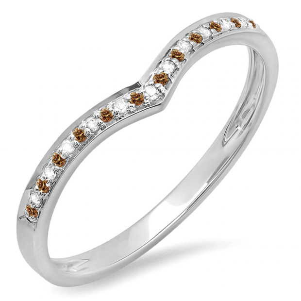 0.10 Carat (ctw) 14k White Gold Round Real Champagne & White Diamond Ladies Wedding Stackable Band Anniversary Guard Chevron Ring 1/10 CT