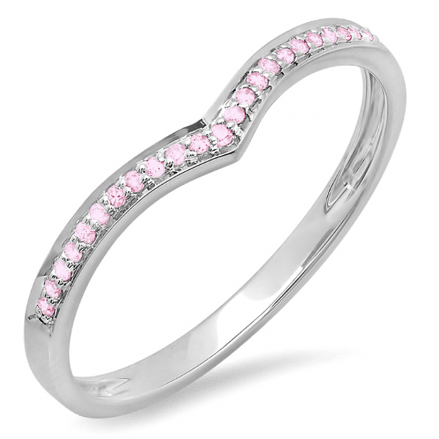 0.10 Carat (ctw) 14k White Gold Round Real Pink Sapphire Ladies Wedding Stackable Band Anniversary Guard Chevron Ring 1/10 CT