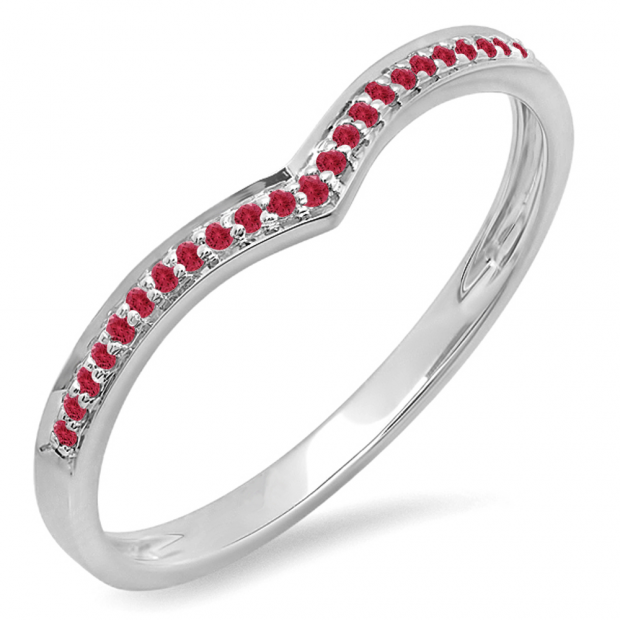 0.10 Carat (ctw) 10k White Gold Round Real Red Ruby Ladies Wedding Stackable Band Anniversary Guard Chevron Ring 1/10 CT