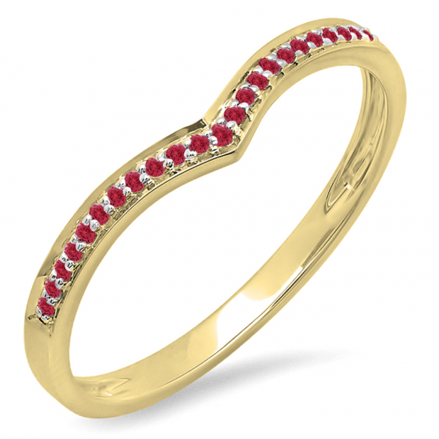 0.10 Carat (ctw) 18k Yellow Gold Round Real Red Ruby Ladies Wedding Stackable Band Anniversary Guard Chevron Ring 1/10 CT