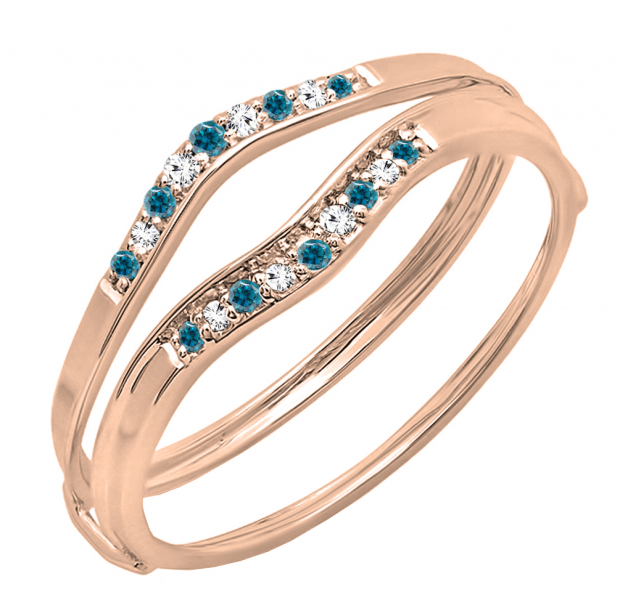 0.12 Carat (ctw) 10K Rose Gold Round Blue & White Diamond Ladies Anniversary Enhancer Guard Wedding Band
