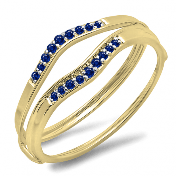 0.12 Carat (ctw) 10K Yellow Gold Round Blue Sapphire Ladies Anniversary Enhancer Guard Wedding Band