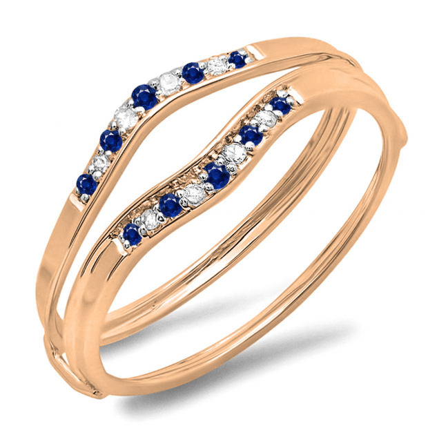 0.12 Carat (ctw) 14K Rose Gold Round Blue Sapphire & White Diamond Ladies Anniversary Enhancer Guard Wedding Band