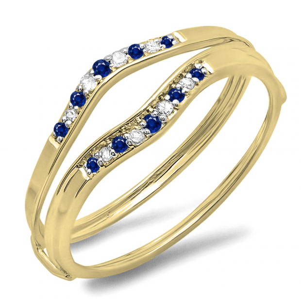 0.12 Carat (ctw) 14K Yellow Gold Round Blue Sapphire & White Diamond Ladies Anniversary Enhancer Guard Wedding Band