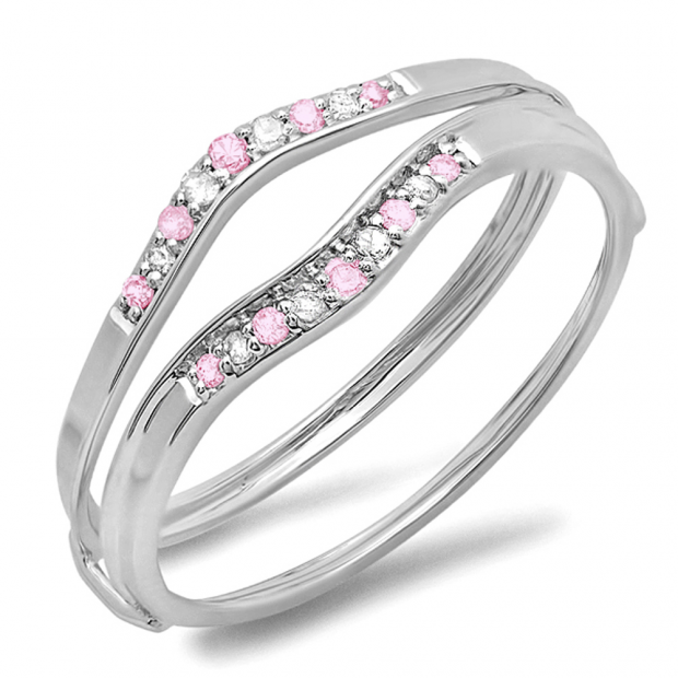 0.12 Carat (ctw) 10K White Gold Round Pink Sapphire & White Diamond Ladies Anniversary Enhancer Guard Wedding Band