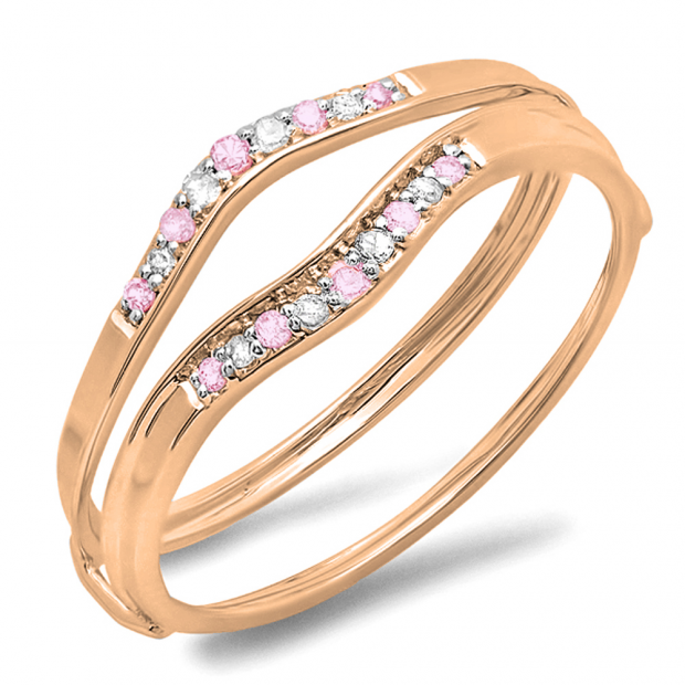0.12 Carat (ctw) 14K Rose Gold Round Pink Sapphire & White Diamond Ladies Anniversary Enhancer Guard Wedding Band