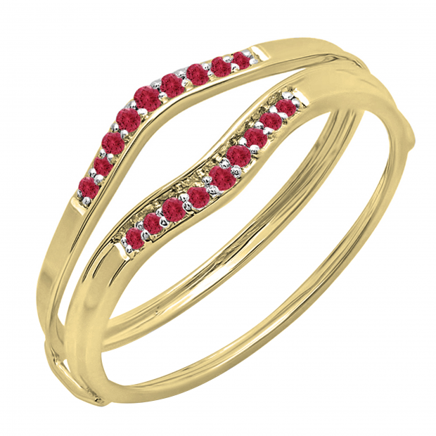 0.12 Carat (ctw) 14K Yellow Gold Round Red Ruby Ladies Anniversary Enhancer Guard Wedding Band