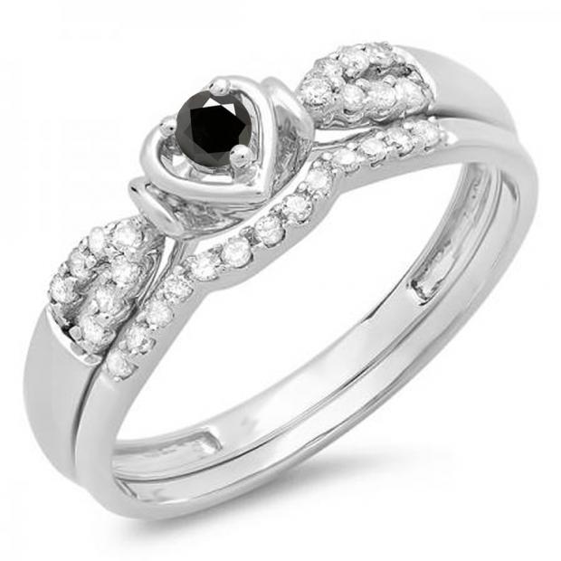 0.25 Carat (ctw) 10k White Gold Round Black & White Diamond Ladies Heart Shaped Bridal Engagement Ring Matching Band Set 1/4 CT