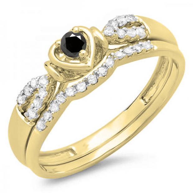 0.25 Carat (ctw) 10k Yellow Gold Round Black & White Diamond Ladies Heart Shaped Bridal Engagement Ring Matching Band Set 1/4 CT