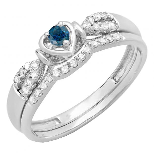 0.25 Carat (ctw) 14k White Gold Round Blue & White Diamond Ladies Heart Shaped Bridal Engagement Ring Matching Band Set 1/4 CT