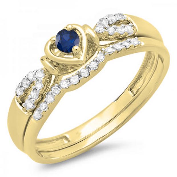 0.25 Carat (ctw) 10k Yellow Gold Round Blue Sapphire & White Diamond Ladies Heart Shaped Bridal Engagement Ring Matching Band Set 1/4 CT