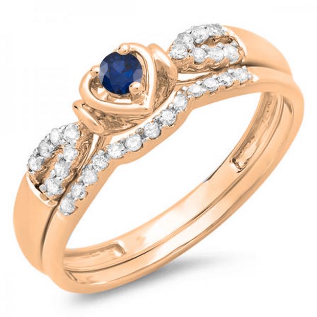 0.25 Carat (ctw) 14k Rose Gold Round Blue Sapphire & White Diamond Ladies Heart Shaped Bridal Engagement Ring Matching Band Set 1/4 CT